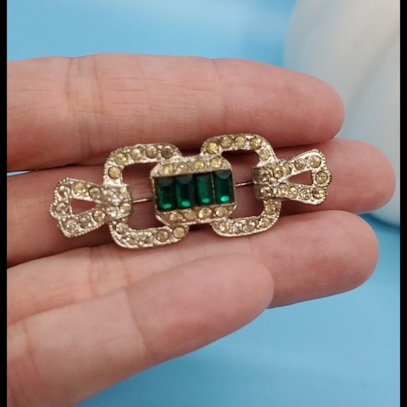 VINTAGE Green & clear rhinestones•art deco - Picture 4 of 7